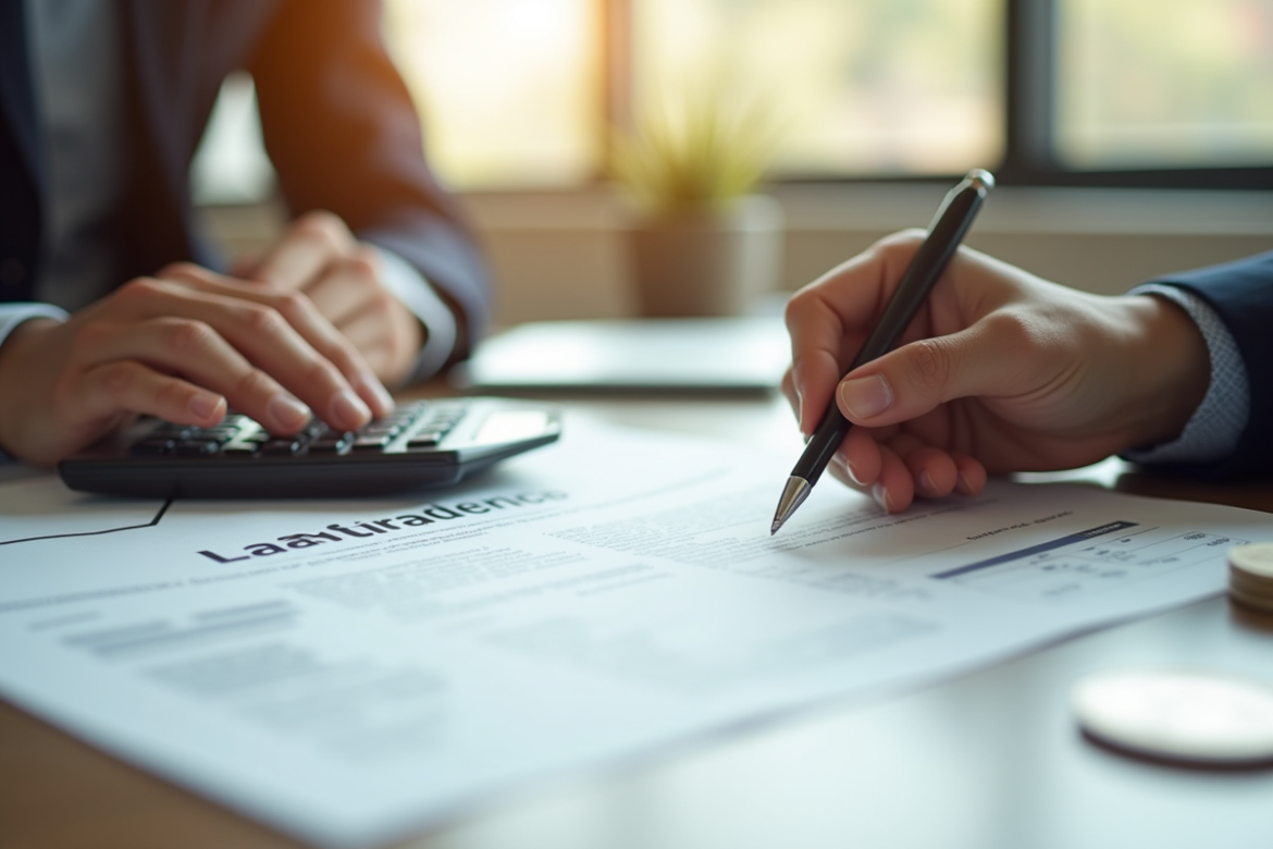 Mains signant un document de prêt avec calculatrice à Victoria