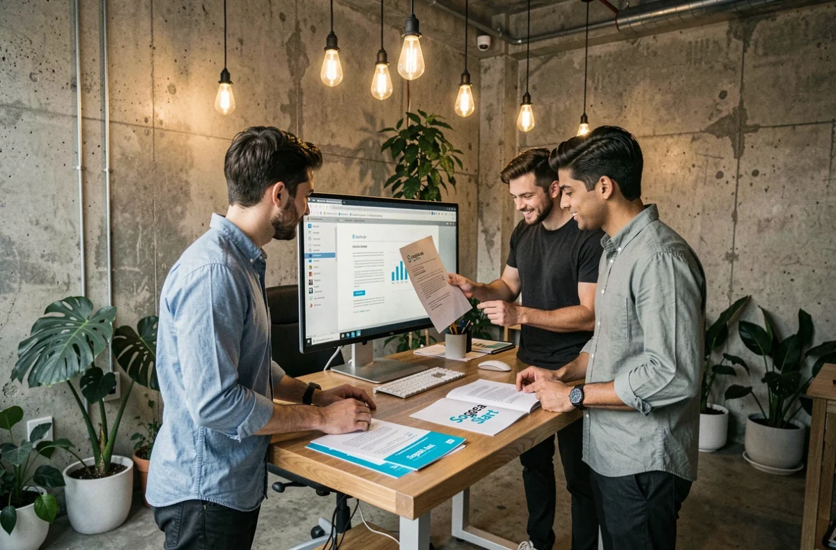 Équipe jeune et dynamique de Sogeca Start travaillant sur des dossiers d'assurance dans un espace moderne