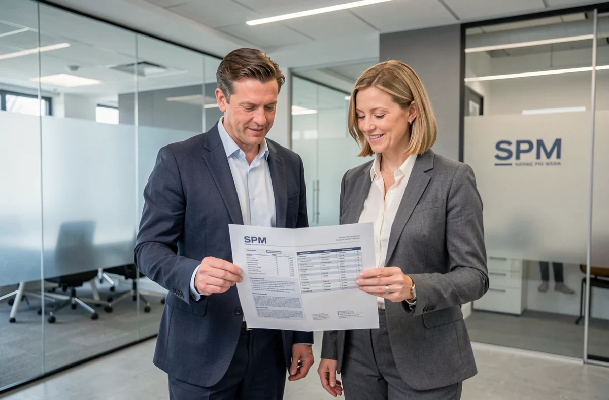 Deux courtiers de SPM Lucantis et Toinette examinant ensemble un contrat d'assurance dans leur agence