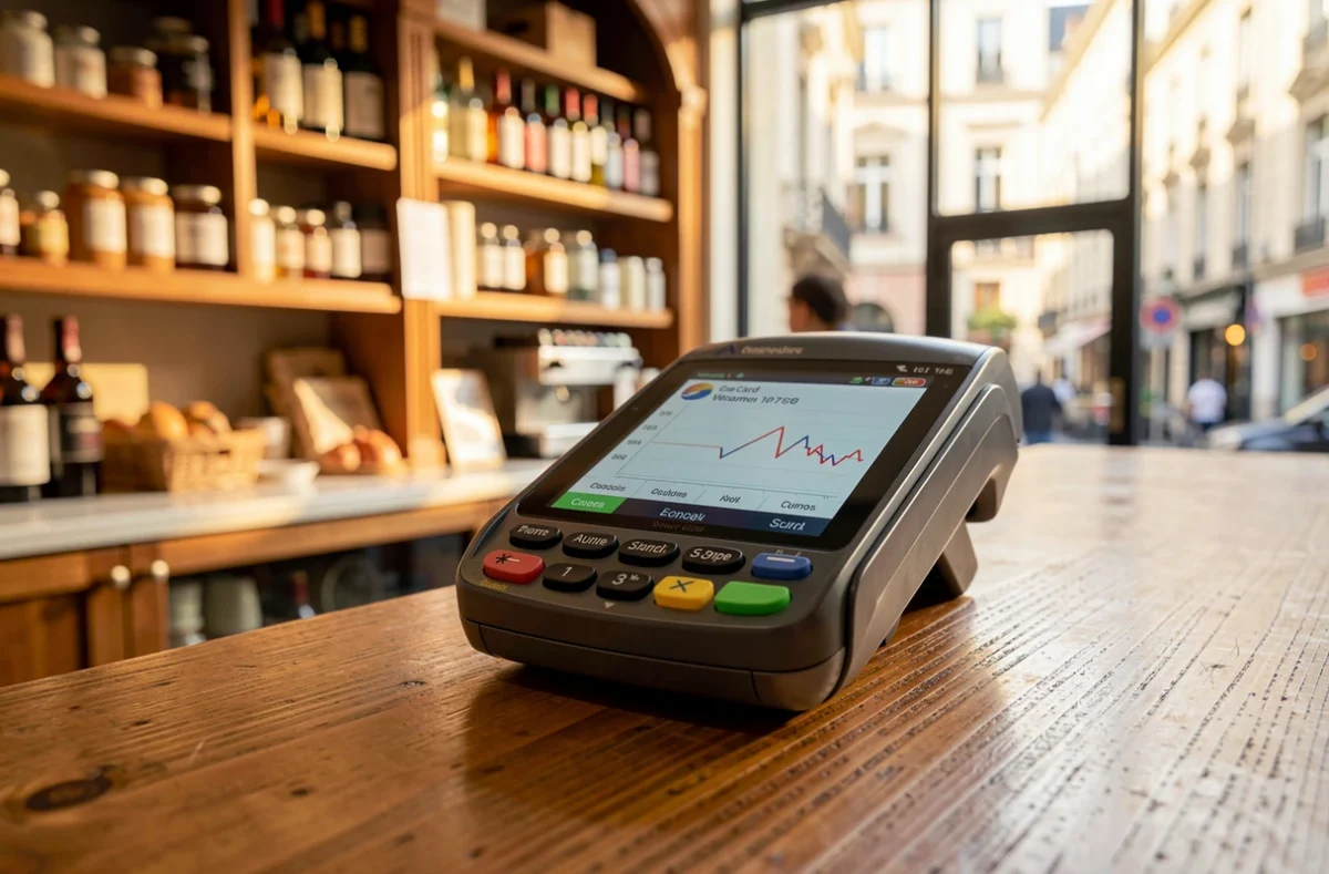 Terminal de paiement affichant un choix de devise lors d'un achat à l'étranger