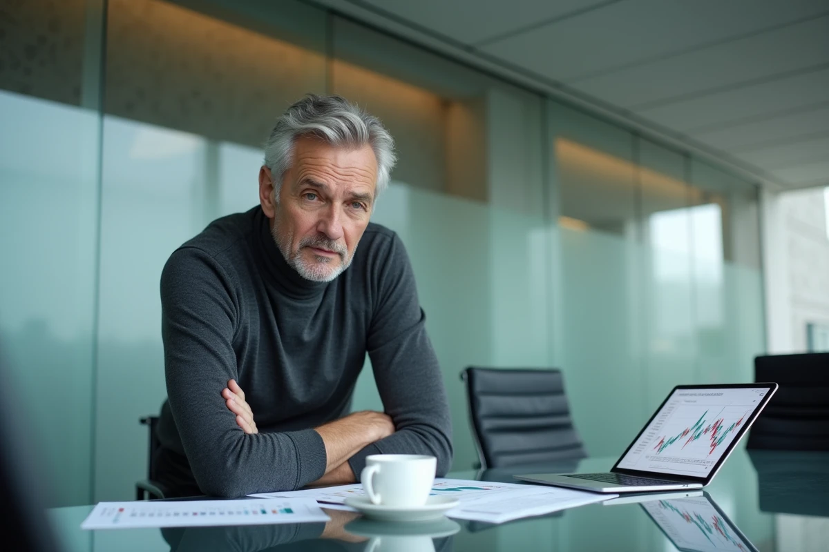 Homme d'affaires concentré dans une salle de réunion moderne analysant des graphiques financiers, représentant l'évaluation de la fortune de Tony Scotti en 2026