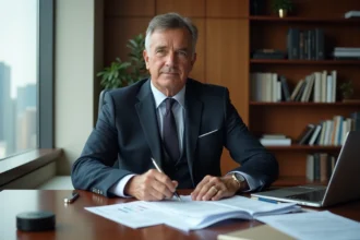 Homme d'affaires en costume marine assis à un bureau exécutif avec des documents financiers, illustrant la fortune et le succès de Tony Scotti en 2026