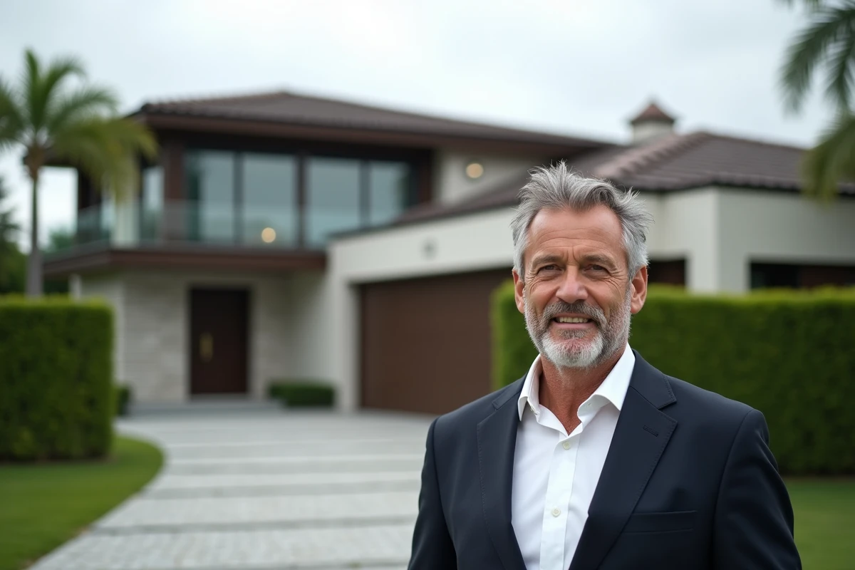 Homme d'affaires élégant devant une villa de luxe contemporaine symbolisant le patrimoine immobilier et la fortune estimée de Tony Scotti