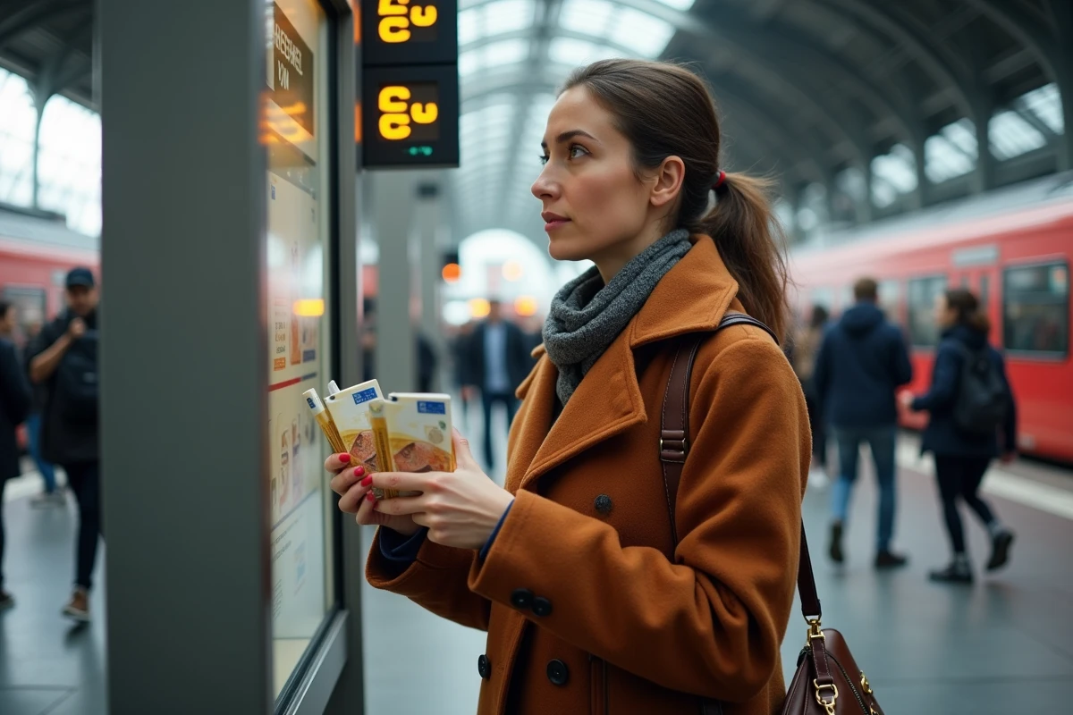 Touriste femme tenant des euros face à un kiosque de gare suisse avec des cigarettes à la main