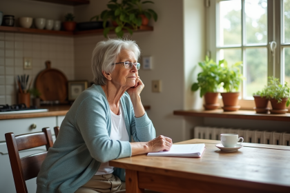 Veuve française dans sa cuisine chaleureuse et ensoleillee