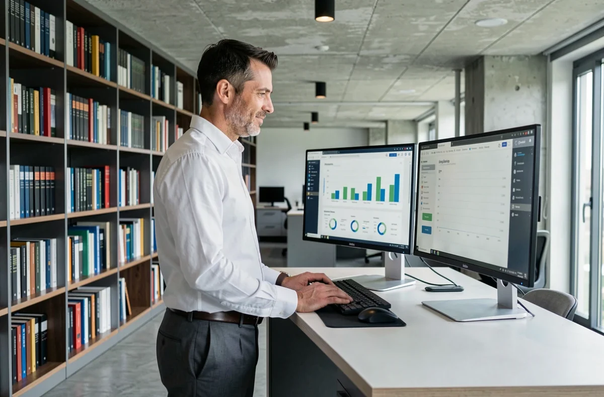 Conseiller de VIA Gestion de Patrimoine Toulouse analysant des données financières sur écran