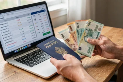 Voyageur comparant des billets étrangers et des taux de change sur un ordinateur